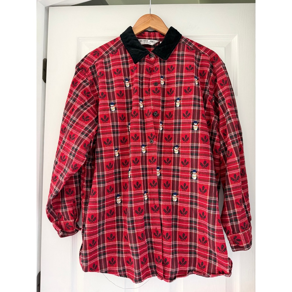 VTG 90s Plaid Button Down Womens Snowman Embroidered Top Cottage Grannycore